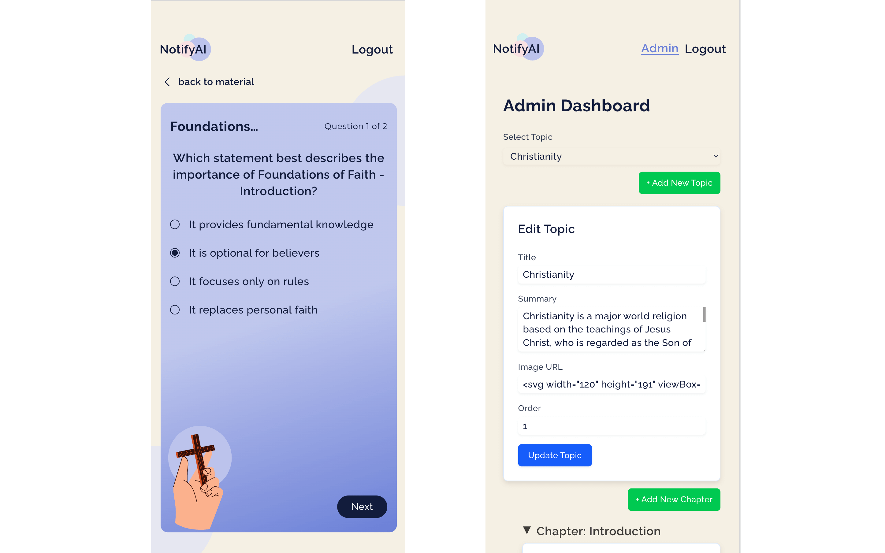 Quizzes and admin section