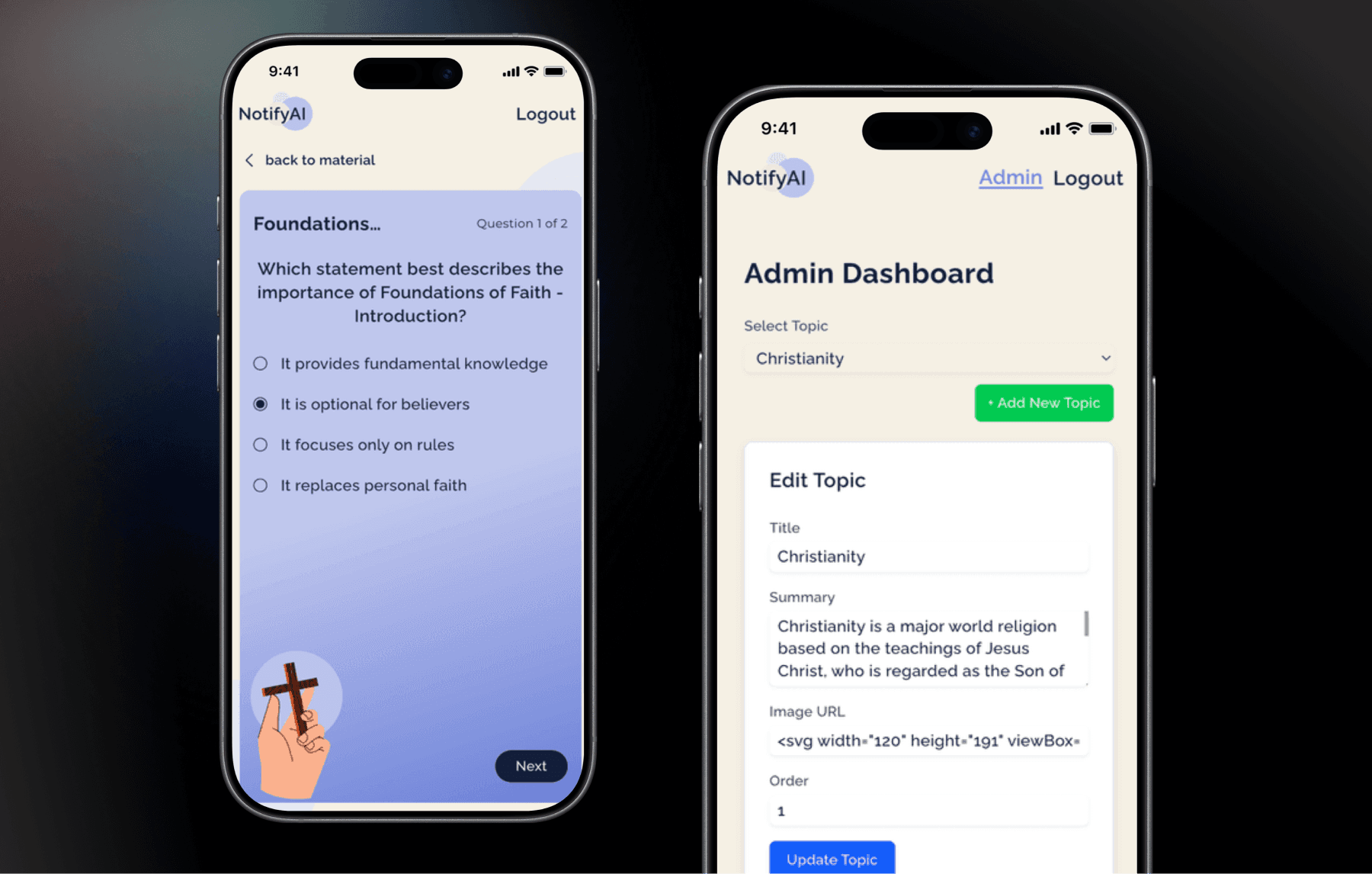 Quizzes and admin section